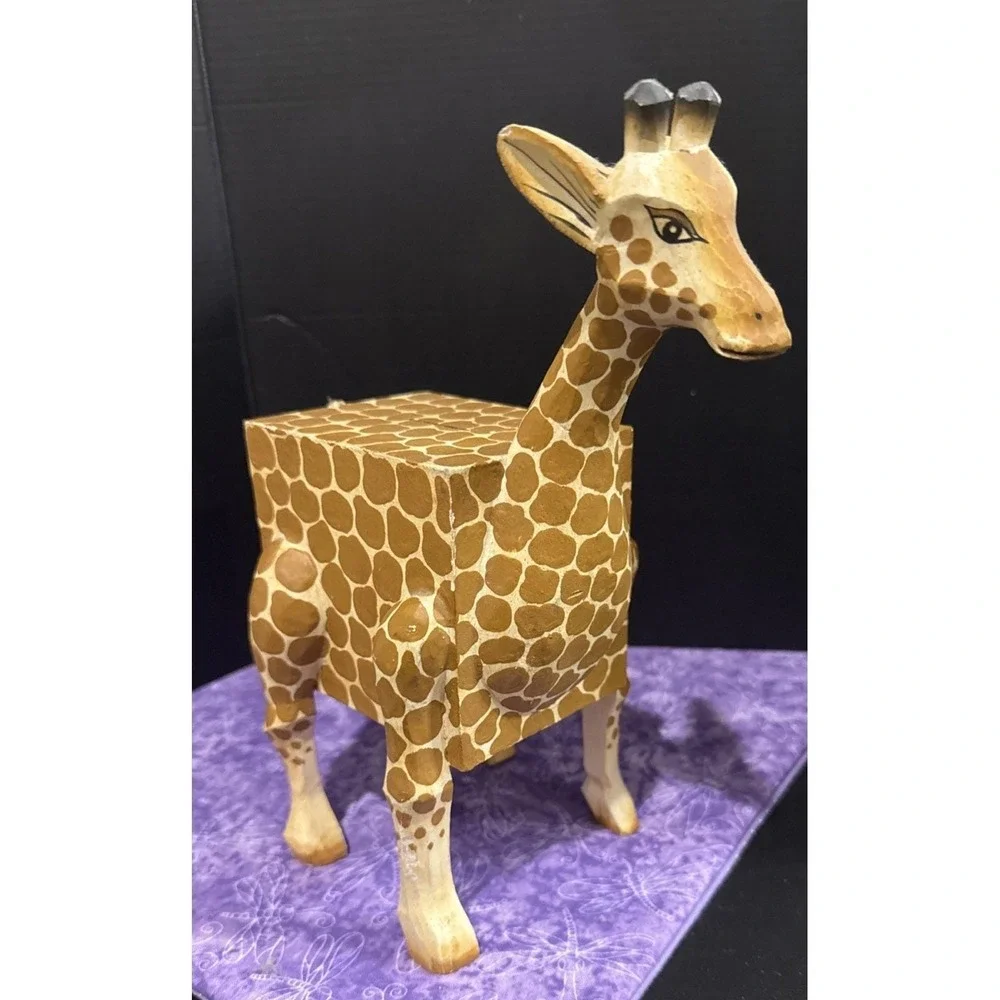 Vintage Square Shape Giraffe Wood Coin Money Bank Hand Carved 9 Inch‎ READ